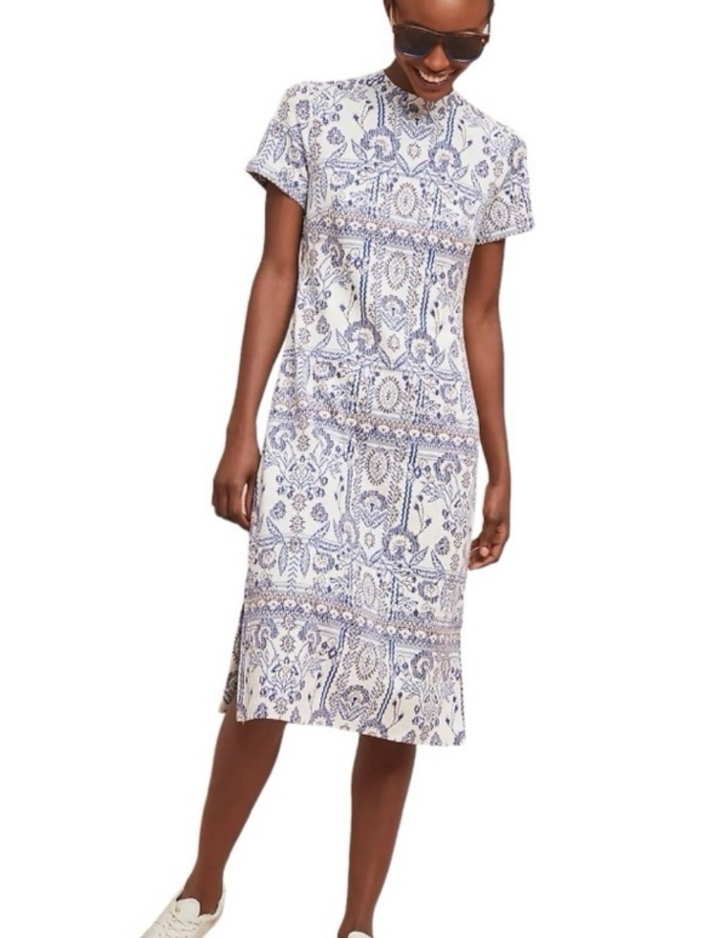 Anthropologie White and Blue Paisley Midi ribbed sweater  Dress